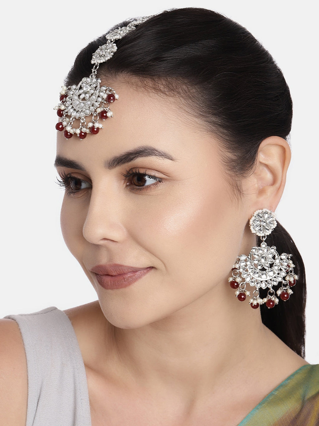 Women Rhodium Plated With Stunning Matte Finish Traditional Kundan & Faux Pearl Chandbali Earrings With Maang Tikka Set - Wahe Jewels - Swadesiicart