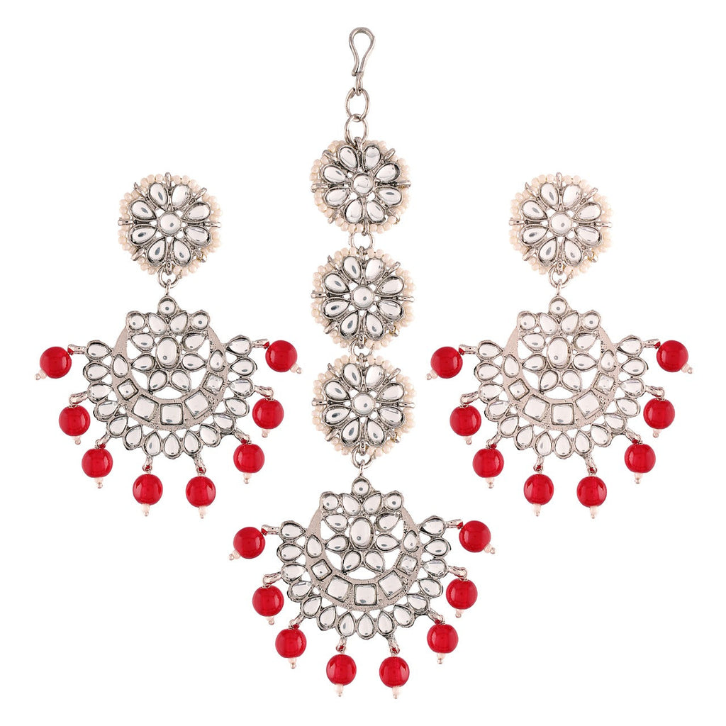 Women Rhodium Plated With Stunning Matte Finish Traditional Kundan & Faux Pearl Chandbali Earrings With Maang Tikka Set - Wahe Jewels - Swadesiicart