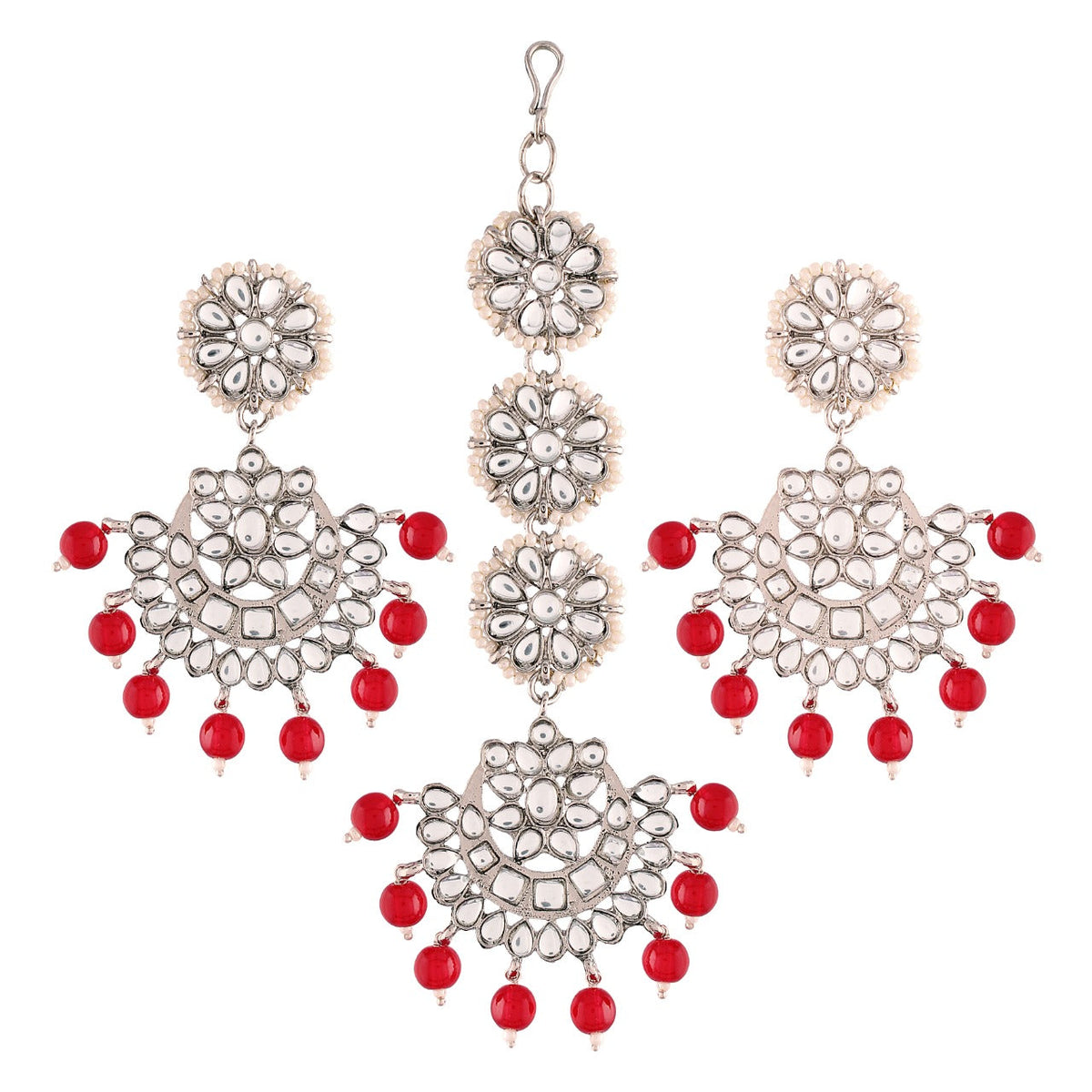 Women Rhodium Plated With Stunning Matte Finish Traditional Kundan & Faux Pearl Chandbali Earrings With Maang Tikka Set - Wahe Jewels - Swadesiicart