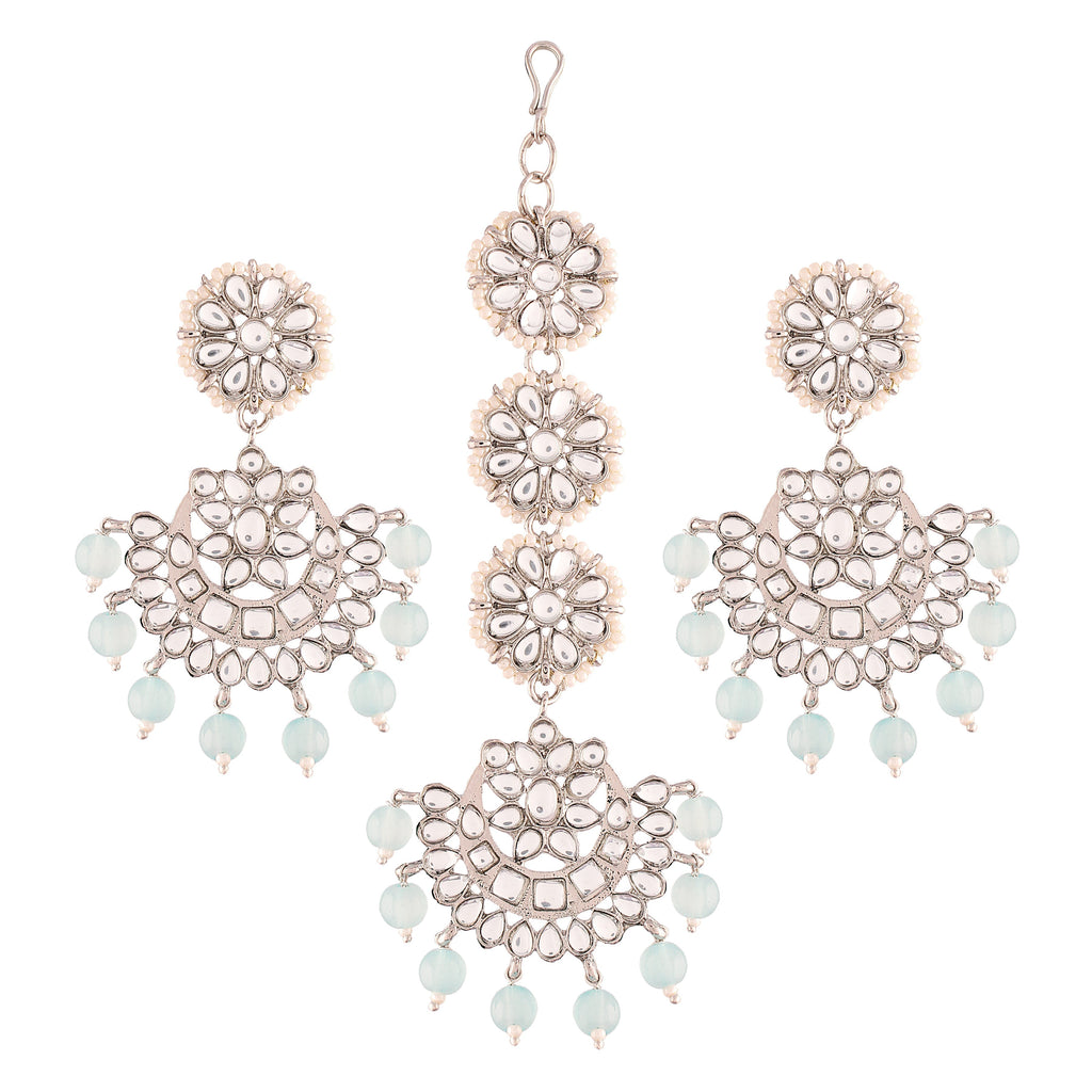 Gold-Polished With Matte Finish Traditional Kundan & Faux Pearl Chandbali Earrings With Maang Tikka Set - Wahe Jewels - Swadesiicart