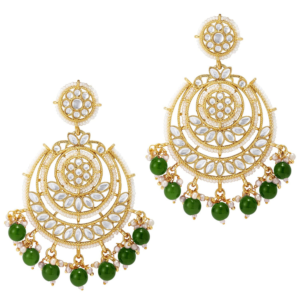 Gold-Polished Traditional Beaded Chandbali Earrings Glided With Kundans & Pearls For Women/Girls - Wahe Jewels - Swadesiicart