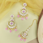 Gold-Polished Traditional Kundan & Pearl Chandbali Earrings with Maang Tikka Set for Women/Girls - Wahe Jewels - Swadesiicart