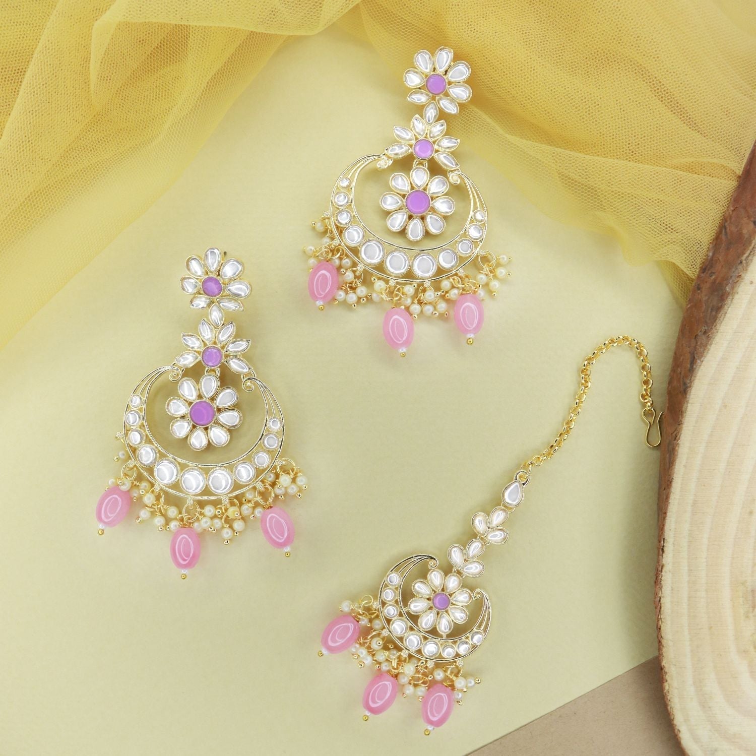 Gold-Polished Traditional Kundan & Pearl Chandbali Earrings with Maang Tikka Set for Women/Girls - Wahe Jewels - Swadesiicart