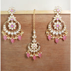 Gold-Polished Traditional Kundan & Pearl Chandbali Earrings with Maang Tikka Set for Women/Girls - Wahe Jewels - Swadesiicart