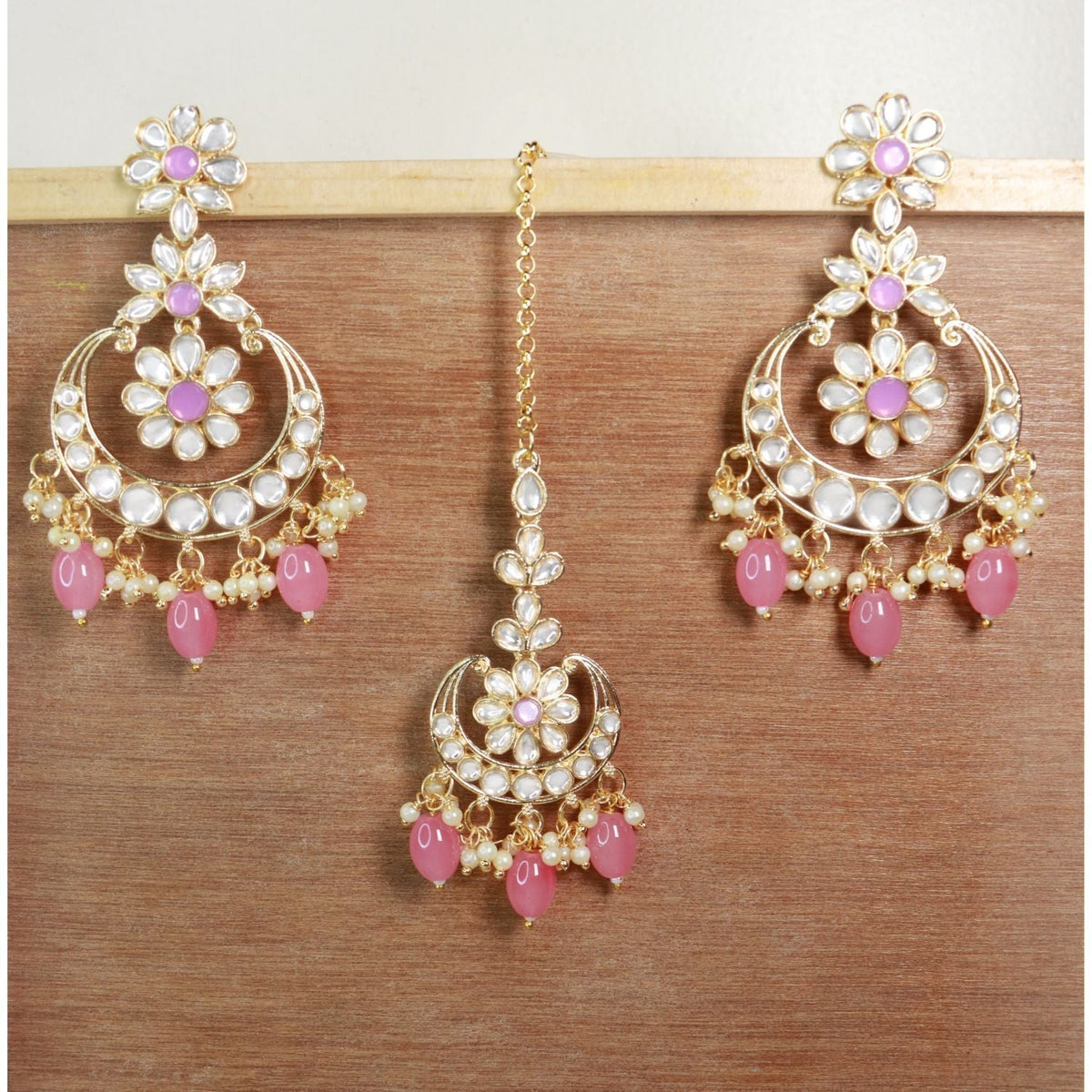 Gold-Polished Traditional Kundan & Pearl Chandbali Earrings with Maang Tikka Set for Women/Girls - Wahe Jewels - Swadesiicart