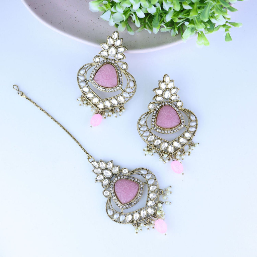 Gold-Polished Traditional Pearl Hanging Kundan Stone Chandbali Earring With Maang Tikka For Women/Girls - Wahe Jewels - Swadesiicart