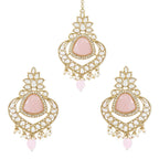 Gold-Polished Traditional Pearl Hanging Kundan Stone Chandbali Earring With Maang Tikka For Women/Girls - Wahe Jewels - Swadesiicart