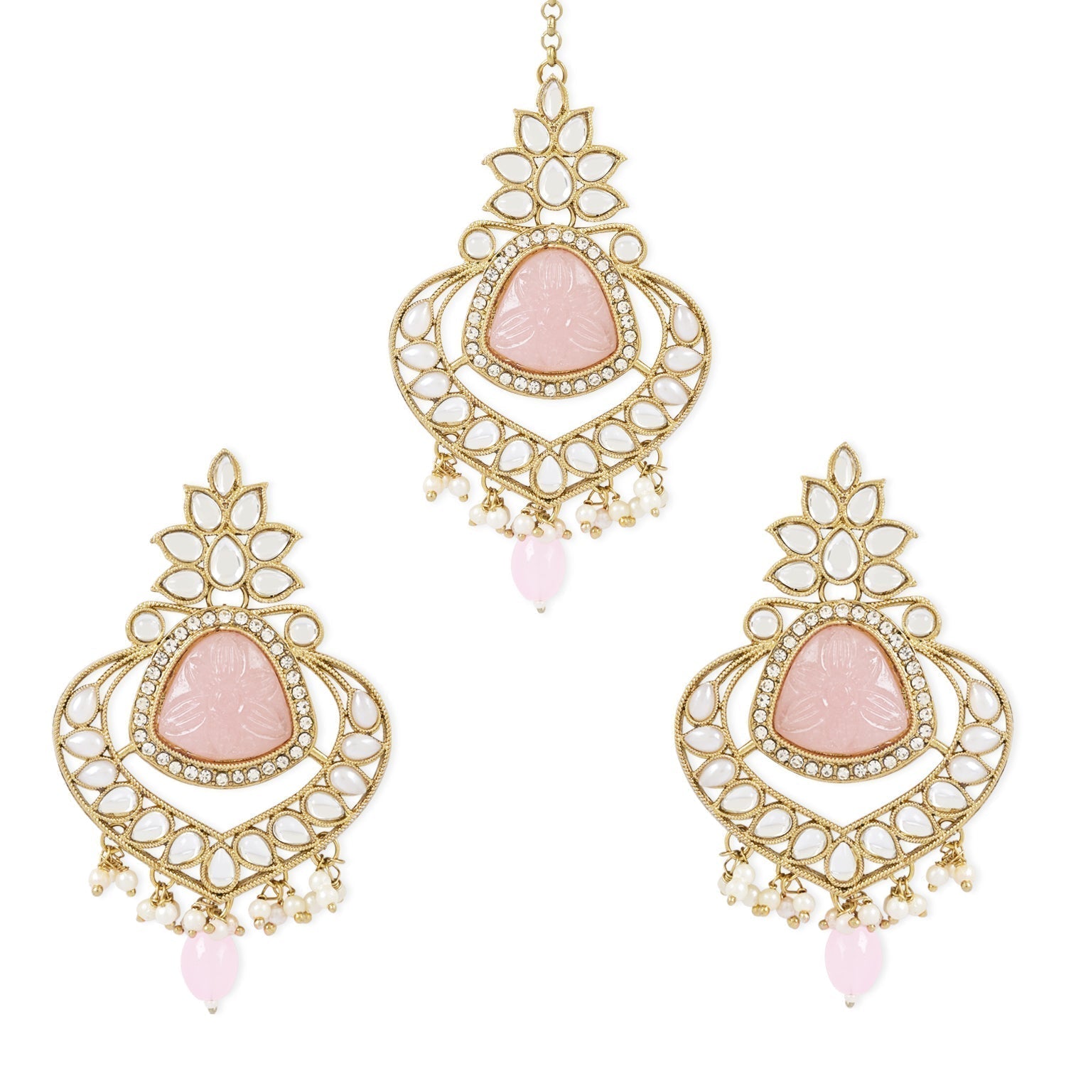 Gold-Polished Traditional Pearl Hanging Kundan Stone Chandbali Earring With Maang Tikka For Women/Girls - Wahe Jewels - Swadesiicart