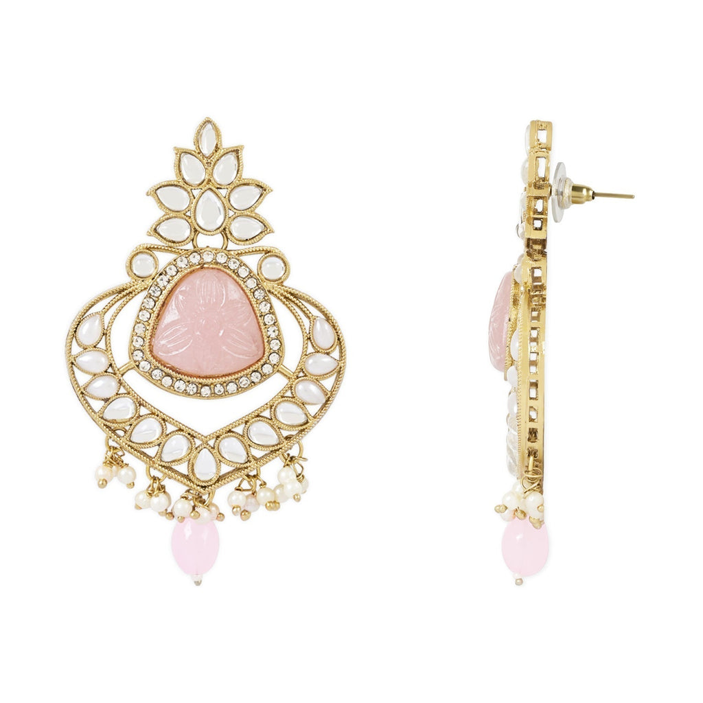 Gold-Polished Traditional Pearl Hanging Kundan Stone Chandbali Earring With Maang Tikka For Women/Girls - Wahe Jewels - Swadesiicart