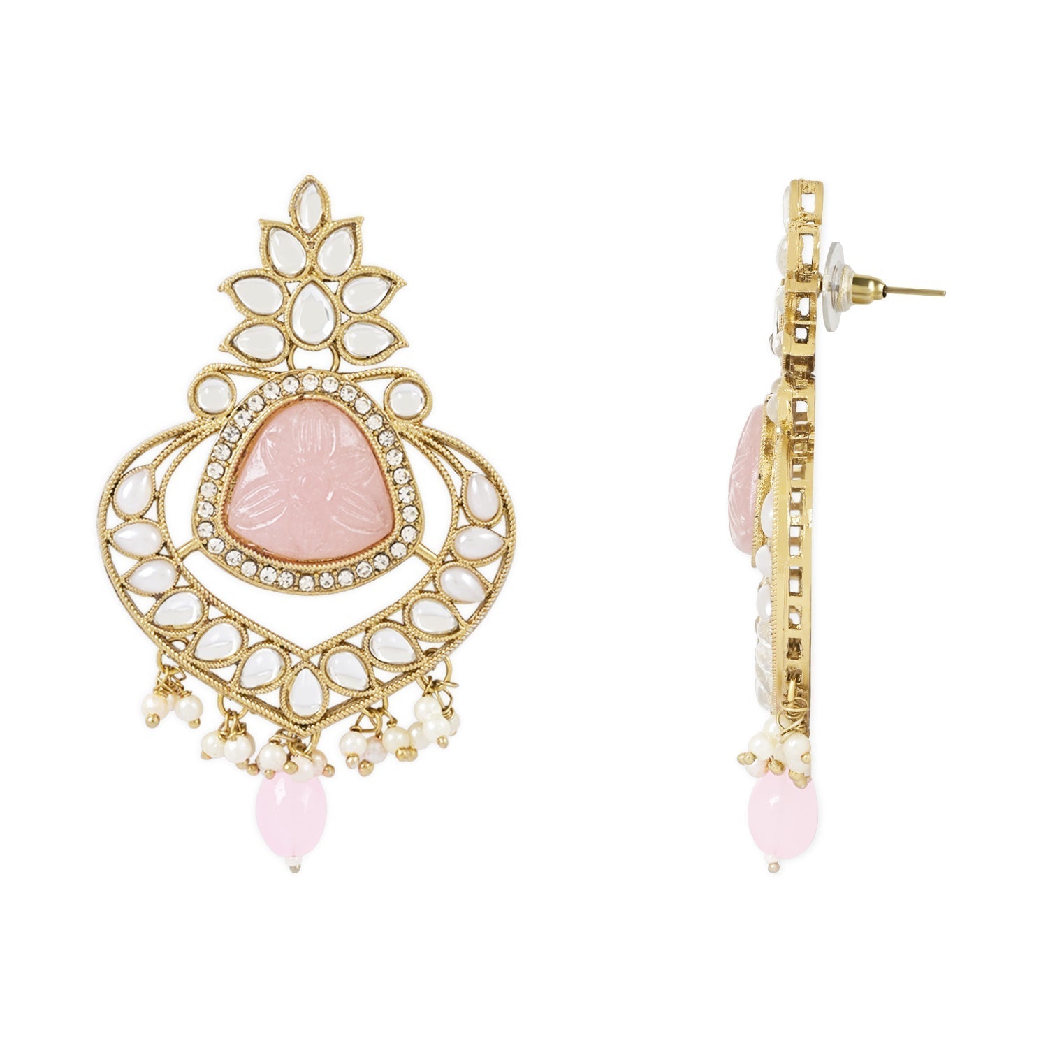 Gold-Polished Traditional Pearl Hanging Kundan Stone Chandbali Earring With Maang Tikka For Women/Girls - Wahe Jewels - Swadesiicart