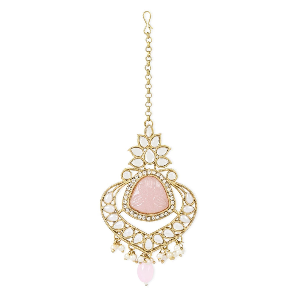 Gold-Polished Traditional Pearl Hanging Kundan Stone Chandbali Earring With Maang Tikka For Women/Girls - Wahe Jewels - Swadesiicart
