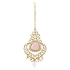 Gold-Polished Traditional Pearl Hanging Kundan Stone Chandbali Earring With Maang Tikka For Women/Girls - Wahe Jewels - Swadesiicart