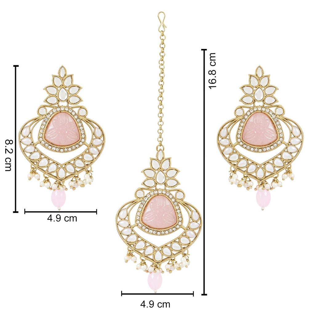 Gold-Polished Traditional Pearl Hanging Kundan Stone Chandbali Earring With Maang Tikka For Women/Girls - Wahe Jewels - Swadesiicart