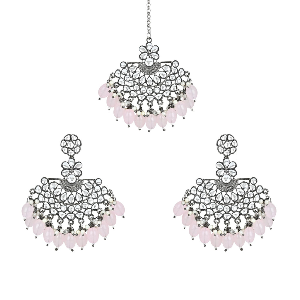 Ethnic Stylish Silver Oxidised Kundan Pearl Chandbali Earrings With Maang Tikka Set For Women And Girls - Wahe Jewels - Swadesiicart