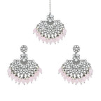 Ethnic Stylish Silver Oxidised Kundan Pearl Chandbali Earrings With Maang Tikka Set For Women And Girls - Wahe Jewels - Swadesiicart