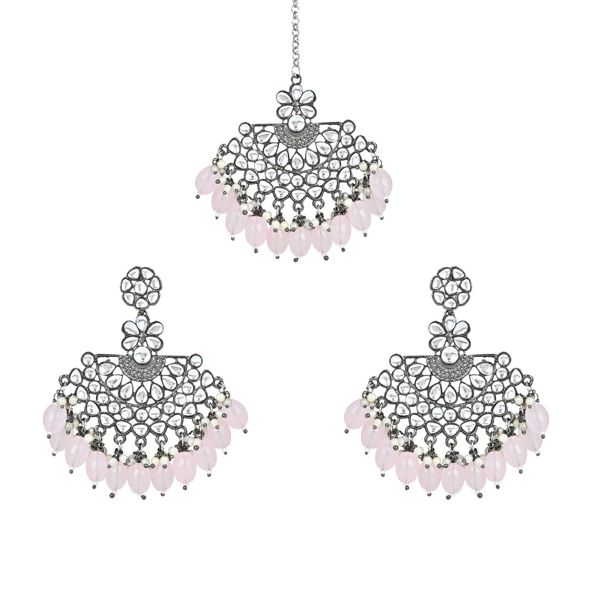 Ethnic Stylish Silver Oxidised Kundan Pearl Chandbali Earrings With Maang Tikka Set For Women And Girls - Wahe Jewels - Swadesiicart