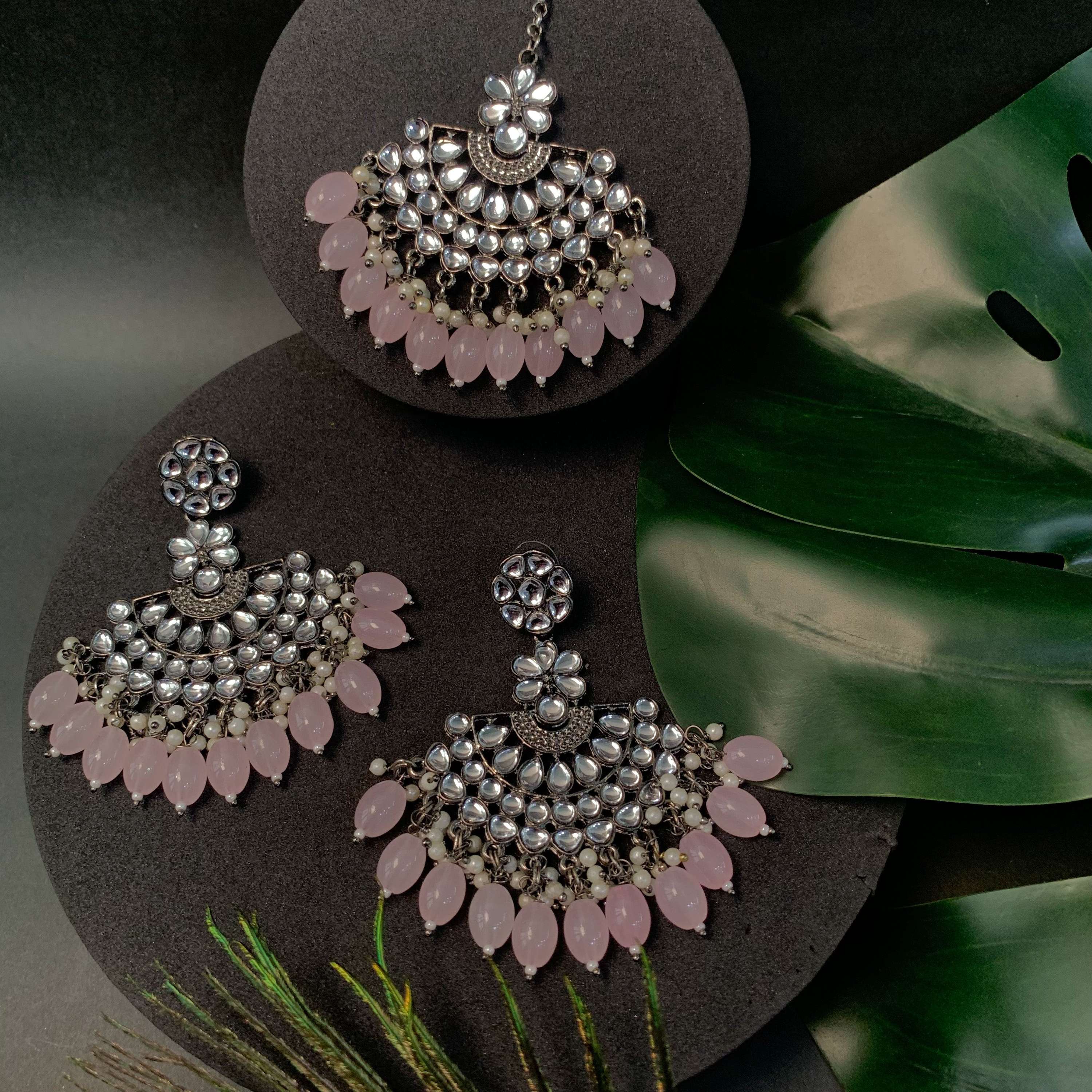 Ethnic Stylish Silver Oxidised Kundan Pearl Chandbali Earrings With Maang Tikka Set For Women And Girls - Wahe Jewels - Swadesiicart