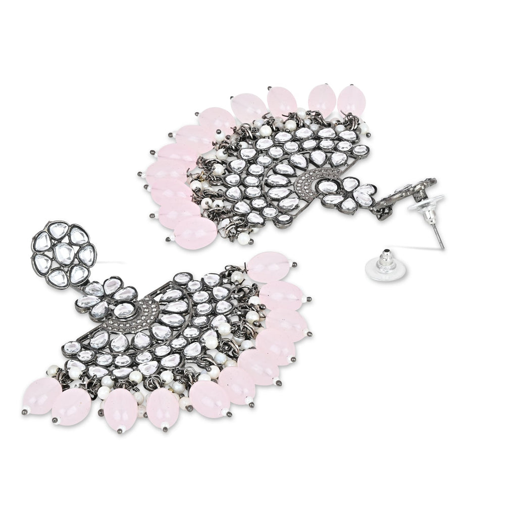 Ethnic Stylish Silver Oxidised Kundan Pearl Chandbali Earrings With Maang Tikka Set For Women And Girls - Wahe Jewels - Swadesiicart