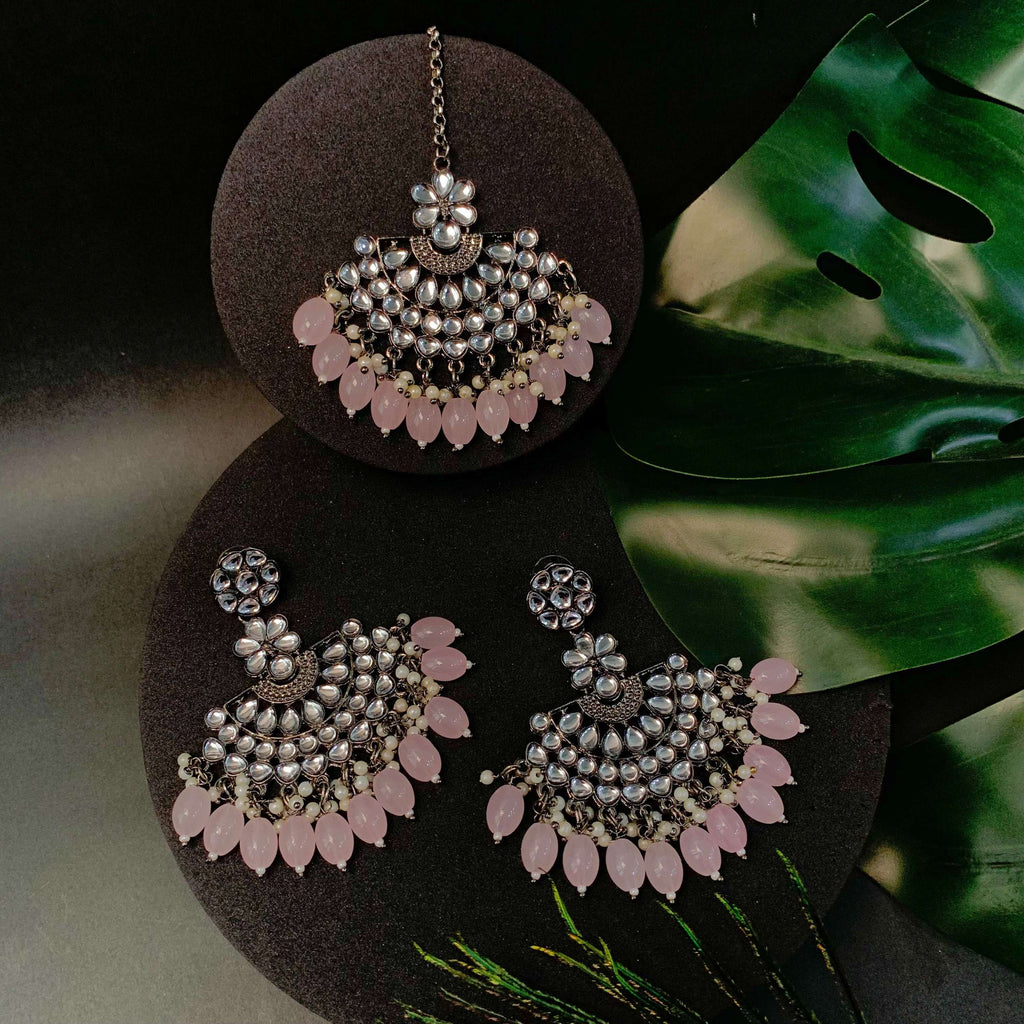 Ethnic Stylish Silver Oxidised Kundan Pearl Chandbali Earrings With Maang Tikka Set For Women And Girls - Wahe Jewels - Swadesiicart