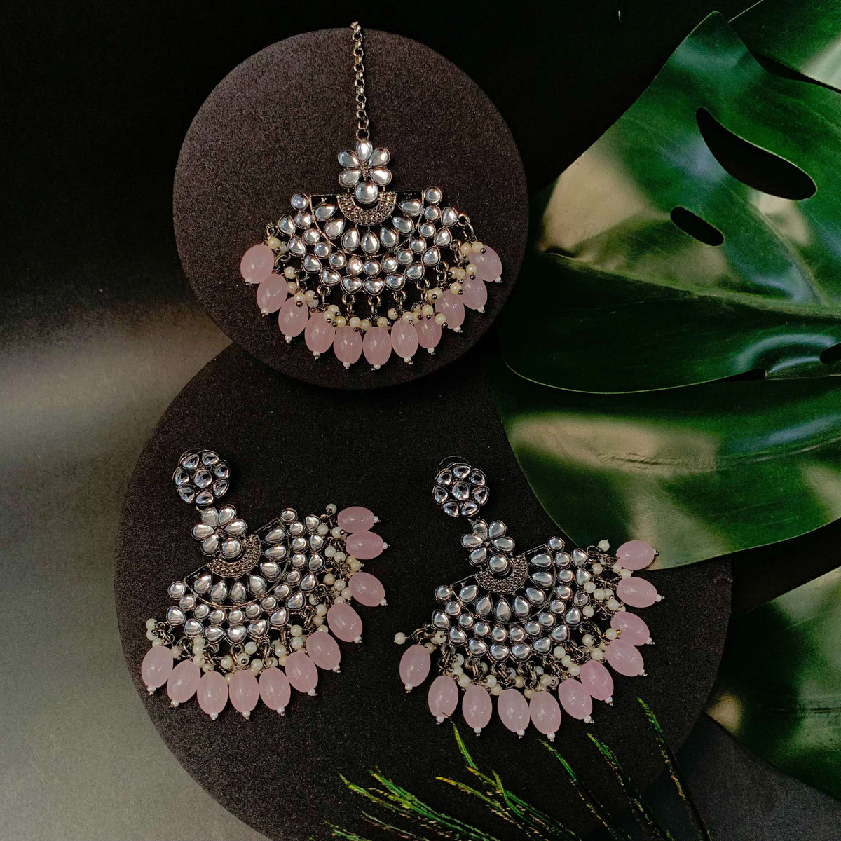 Ethnic Stylish Silver Oxidised Kundan Pearl Chandbali Earrings With Maang Tikka Set For Women And Girls - Wahe Jewels - Swadesiicart