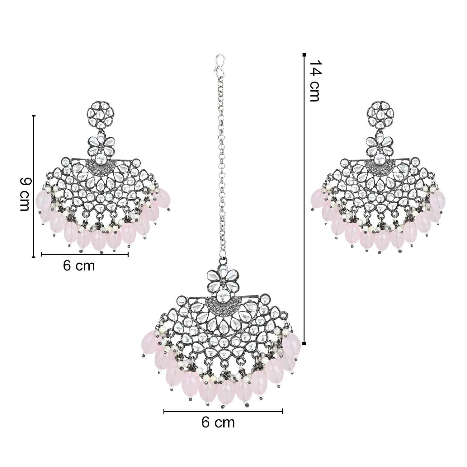 Ethnic Stylish Silver Oxidised Kundan Pearl Chandbali Earrings With Maang Tikka Set For Women And Girls - Wahe Jewels - Swadesiicart