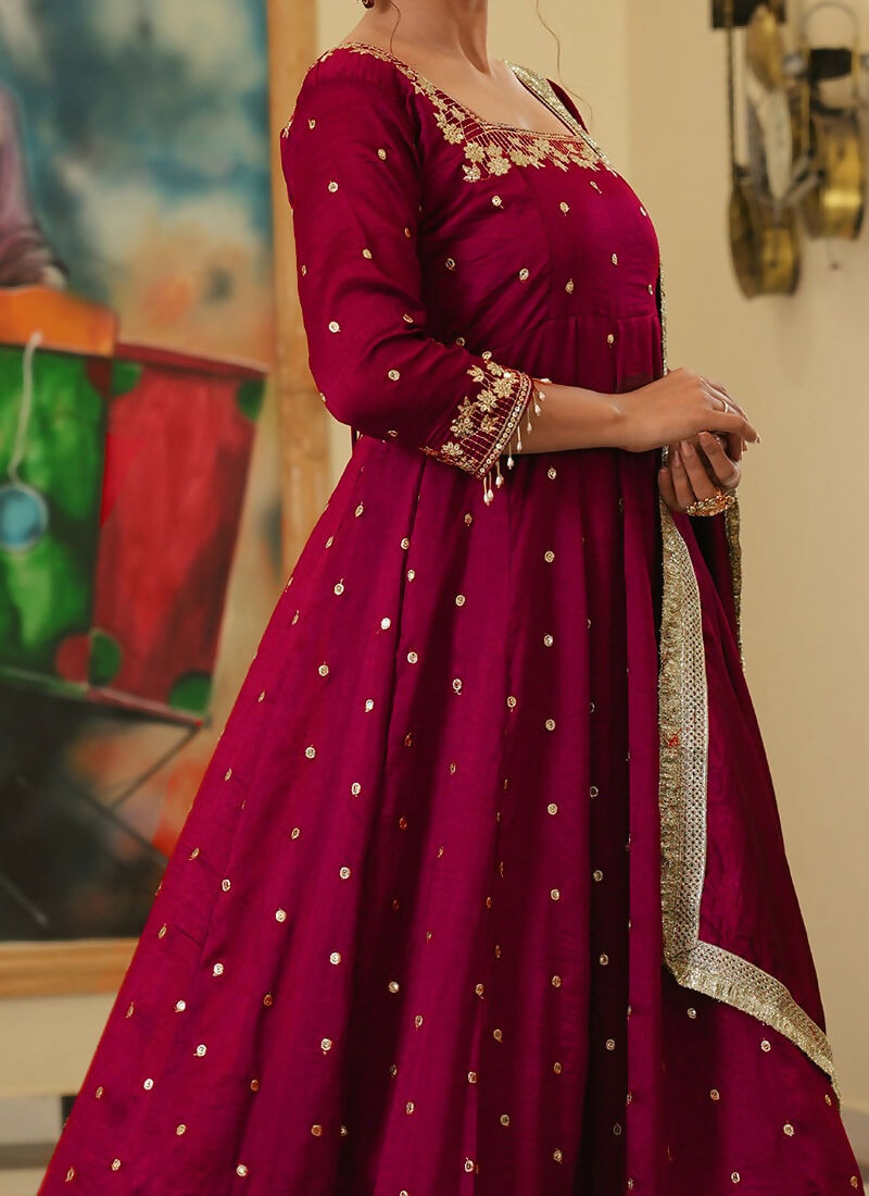 Teeya Creation Rani Color Pure Vichitra Silk Embroidery Work Party Wear Gown | Grocsy
