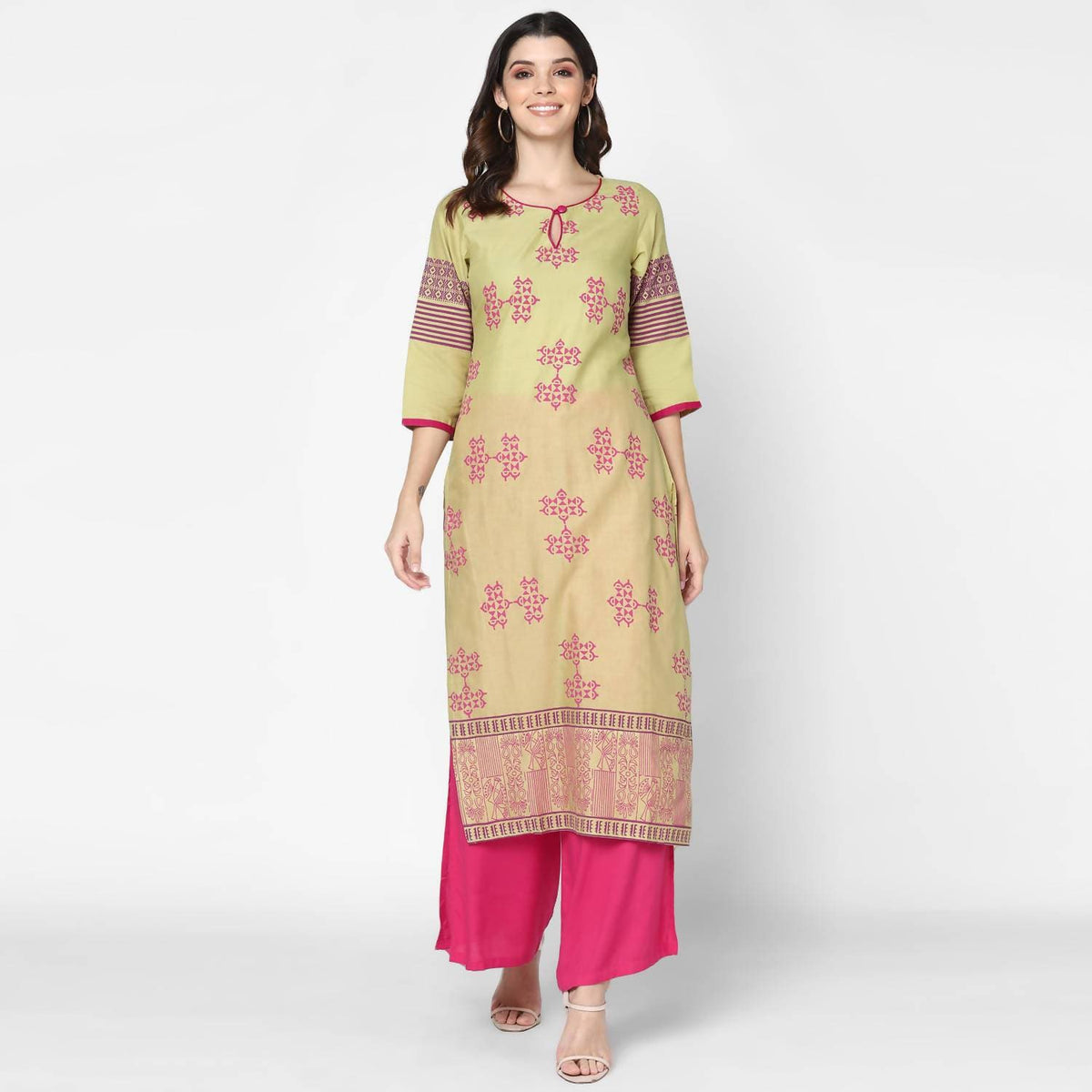 Cheera Hand Block Print Khaki Straight Kurta (MAAI-053K) | Grocsy