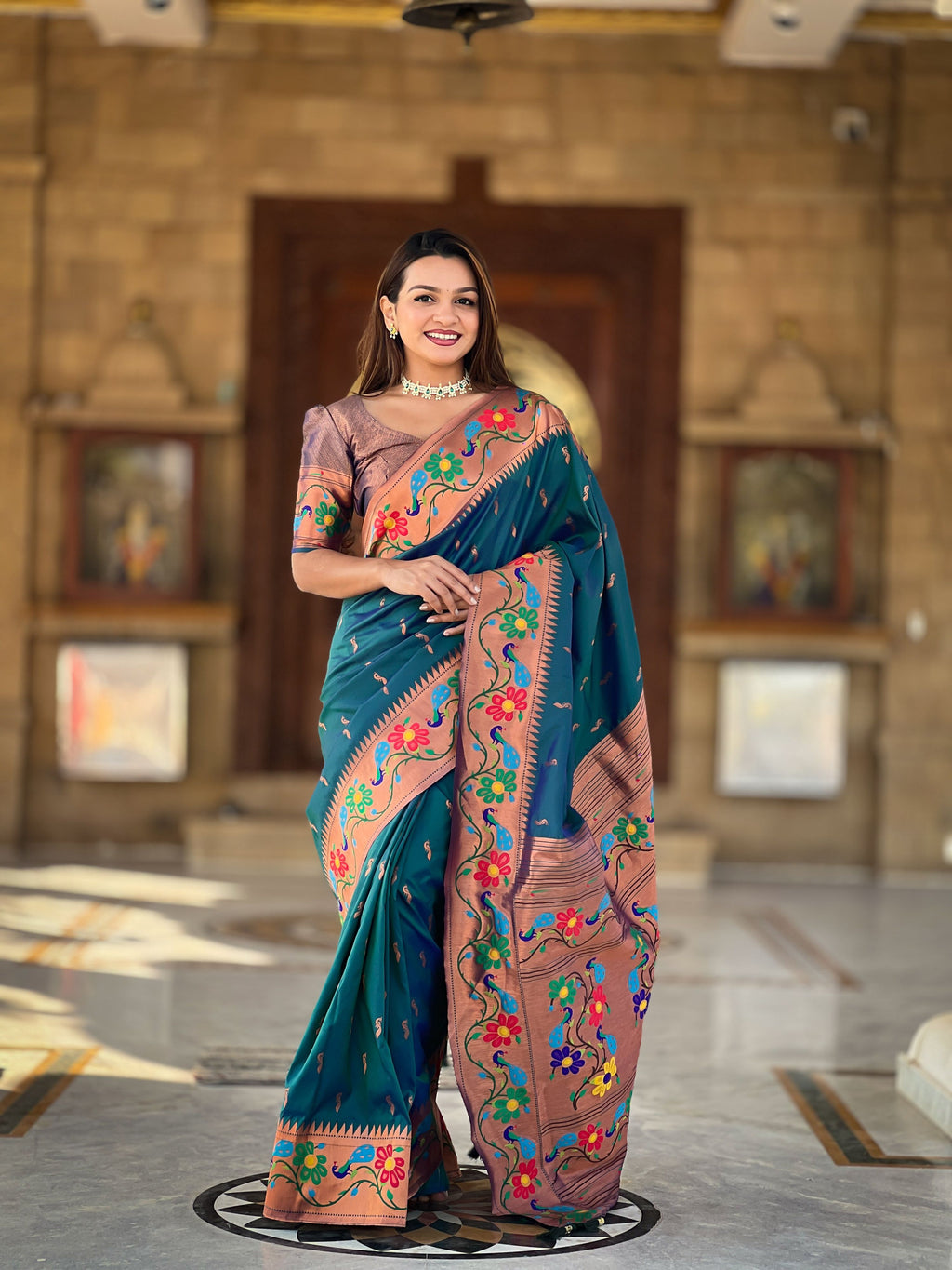 Mameraa Sarees Teal Blue Faux Banarasi Silk Saree With Paithani Rich Weaved Pallu And Blouse-Teal | Grocsy