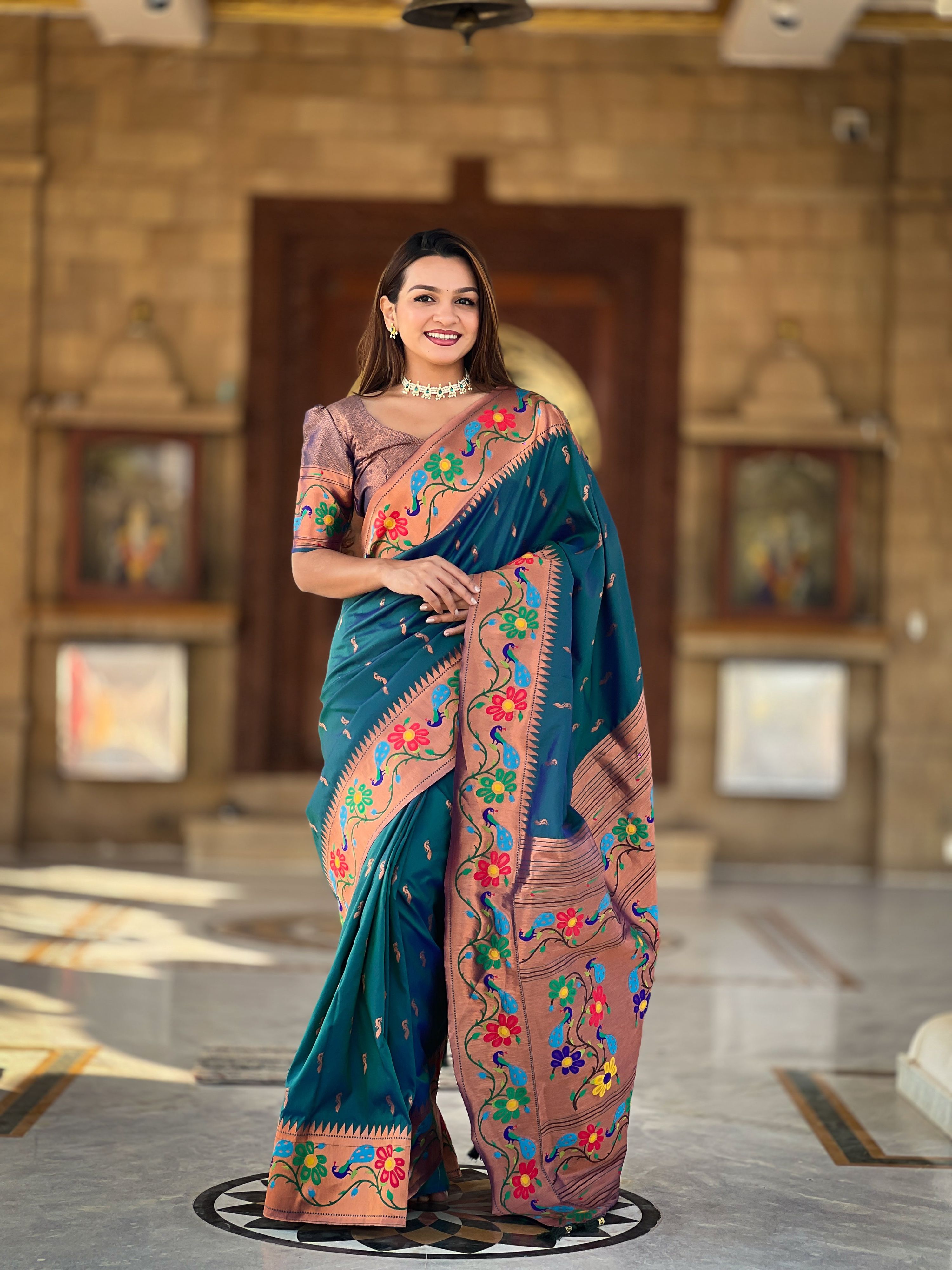 Mameraa Sarees Teal Blue Faux Banarasi Silk Saree With Paithani Rich Weaved Pallu And Blouse-Teal | Grocsy