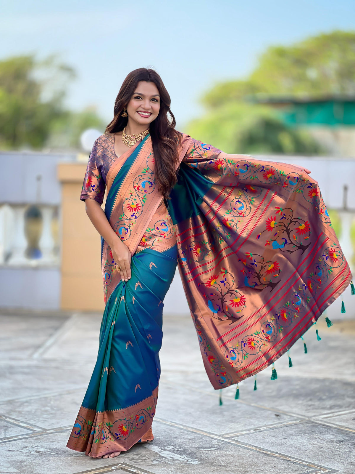 Mameraa Sarees Teal Blue Faux Banarasi Silk Saree With Paithani Rich Weaved Pallu And Blouse-Teal | Grocsy