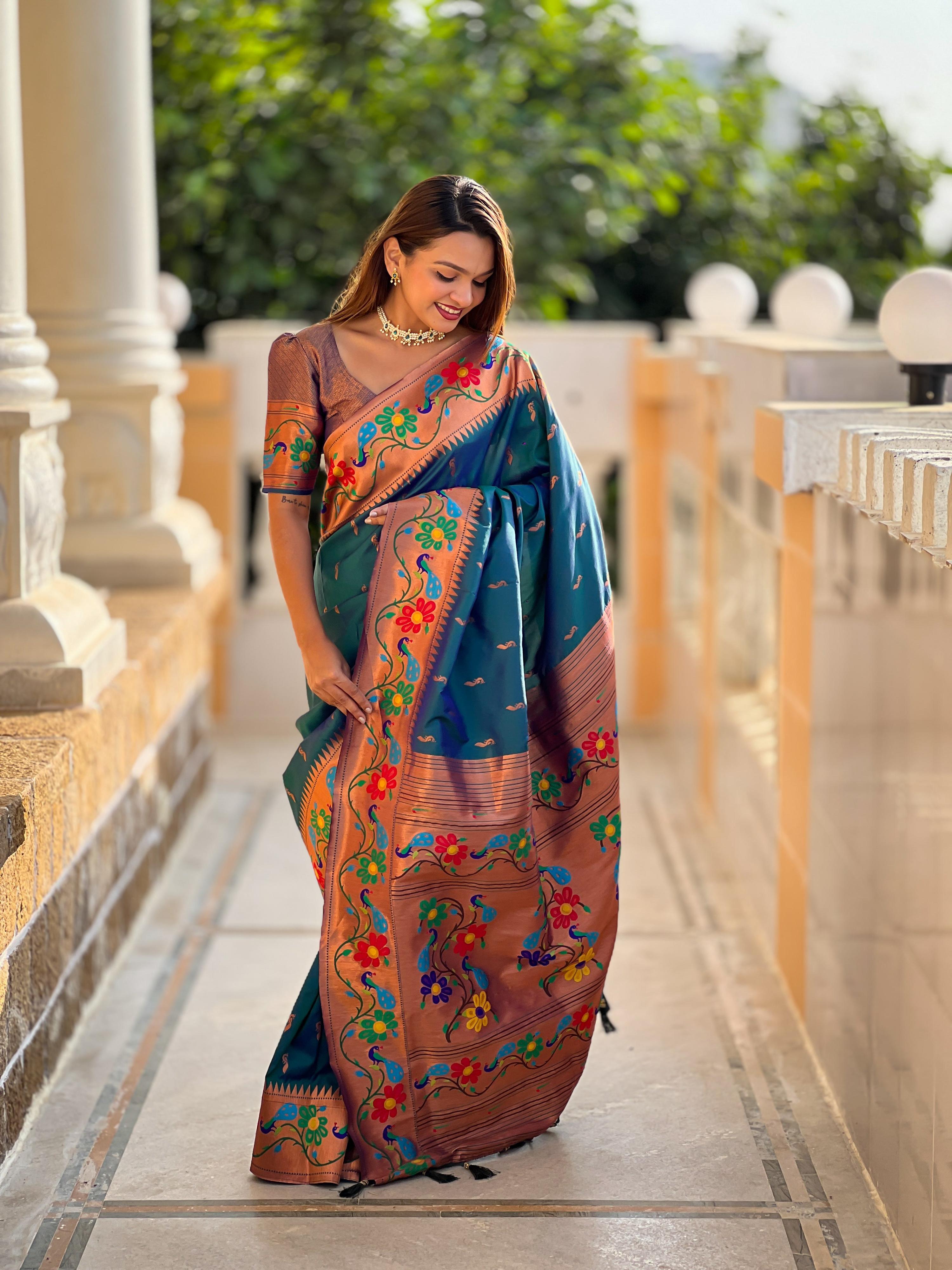 Mameraa Sarees Teal Blue Faux Banarasi Silk Saree With Paithani Rich Weaved Pallu And Blouse-Teal | Grocsy