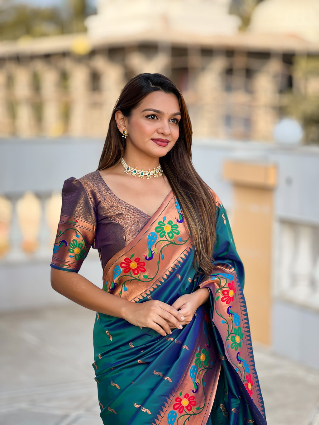 Mameraa Sarees Teal Blue Faux Banarasi Silk Saree With Paithani Rich Weaved Pallu And Blouse-Teal | Grocsy
