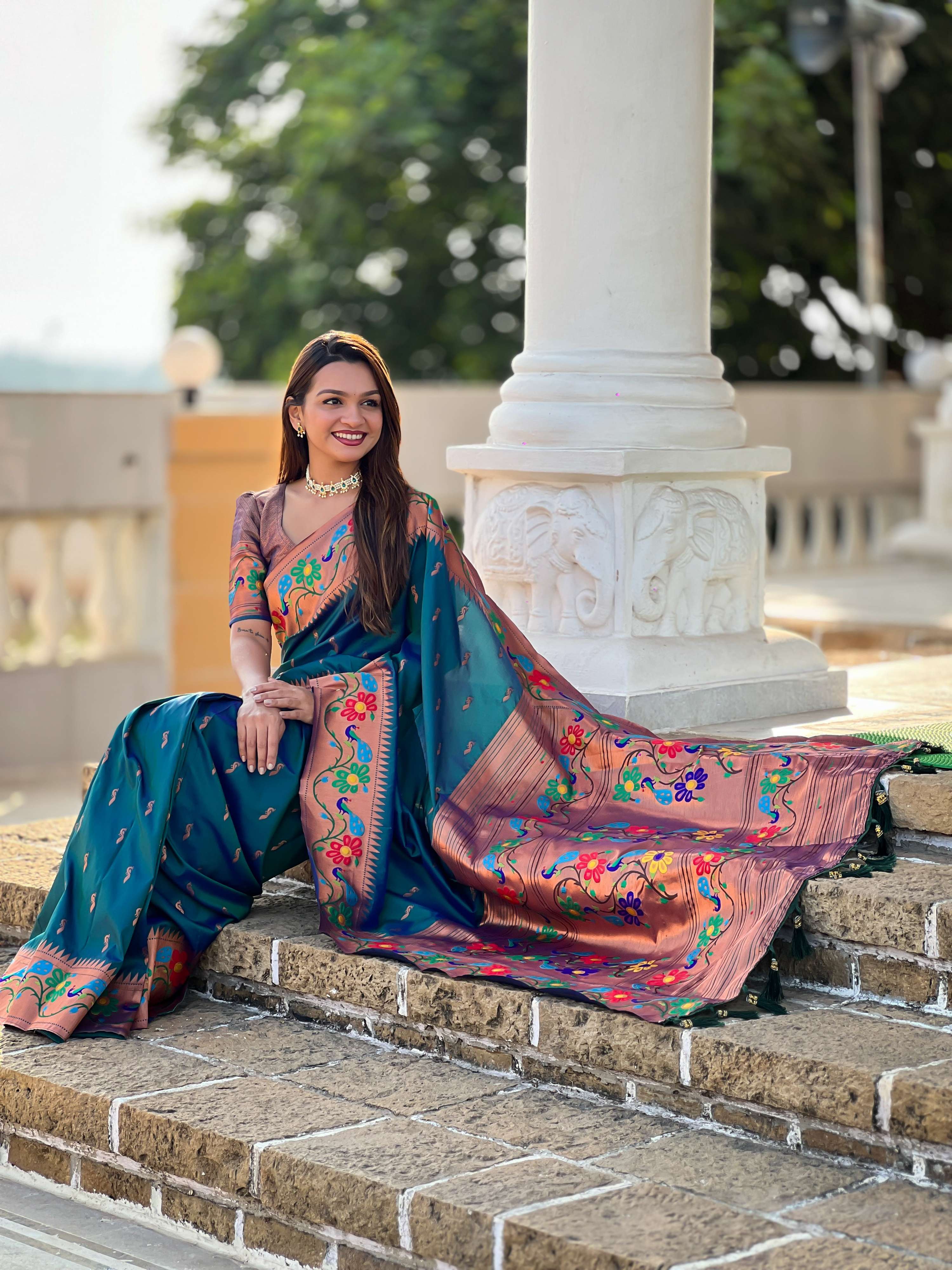 Mameraa Sarees Teal Blue Faux Banarasi Silk Saree With Paithani Rich Weaved Pallu And Blouse-Teal | Grocsy