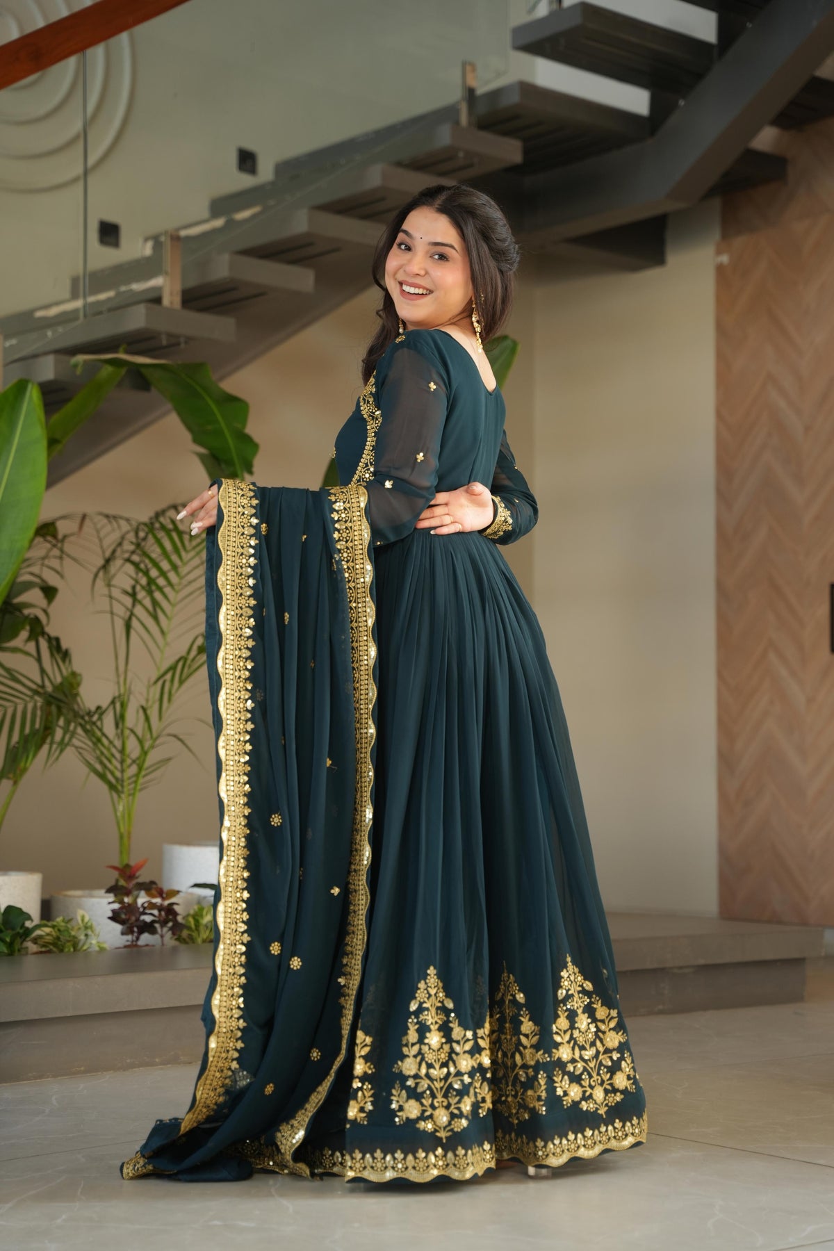 Evanik Teal Faux Blooming Georgette with Zari Thread & Sequins Embroidery Gown With Dupatta | Grocsy
