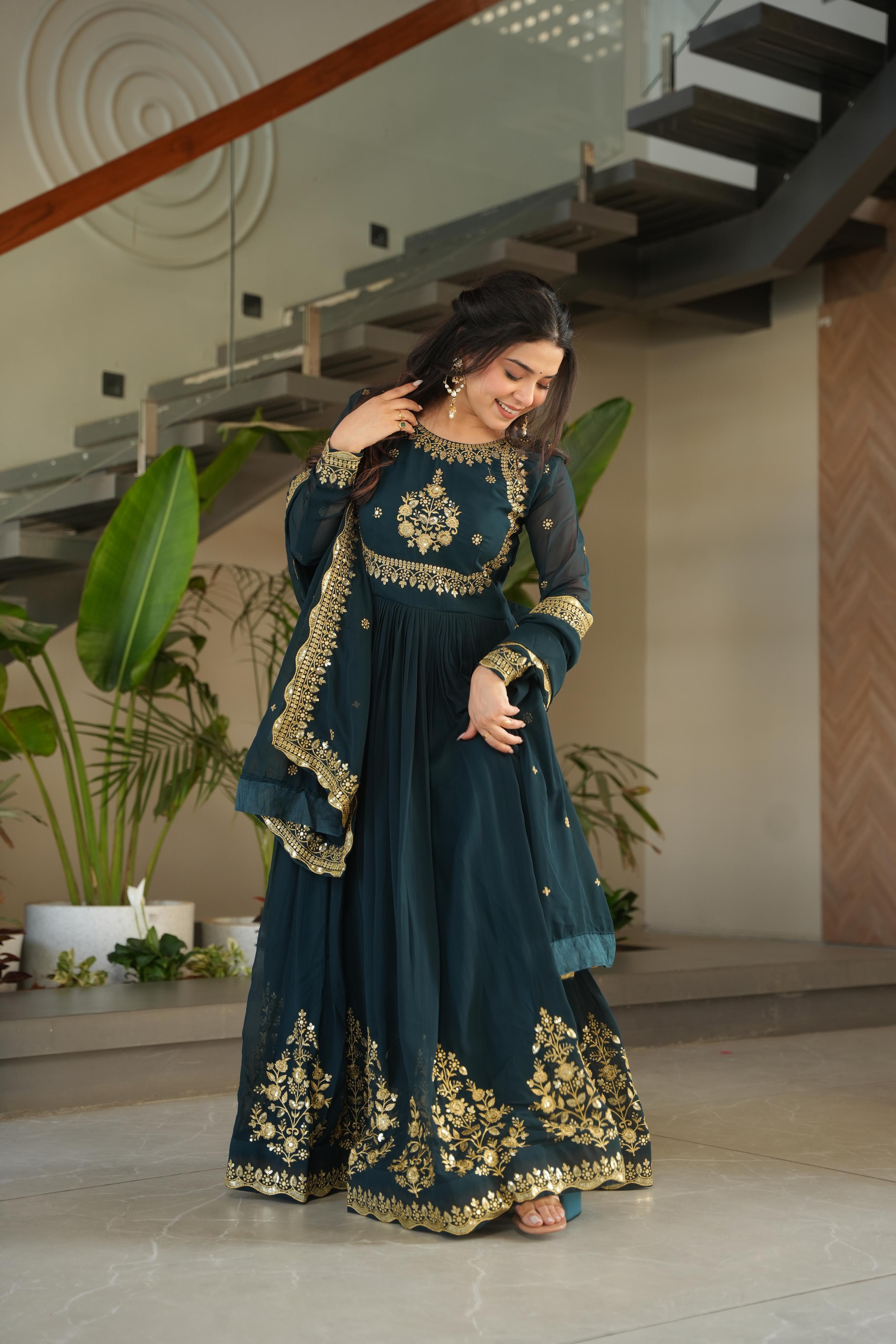 Evanik Teal Faux Blooming Georgette with Zari Thread & Sequins Embroidery Gown With Dupatta | Grocsy