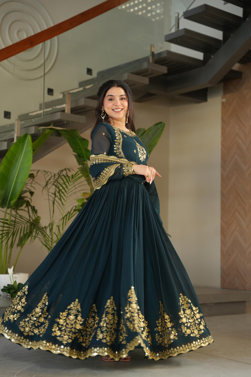 Evanik Teal Faux Blooming Georgette with Zari Thread & Sequins Embroidery Gown With Dupatta | Grocsy