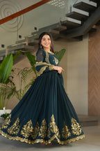 Evanik Teal Faux Blooming Georgette with Zari Thread & Sequins Embroidery Gown With Dupatta | Grocsy
