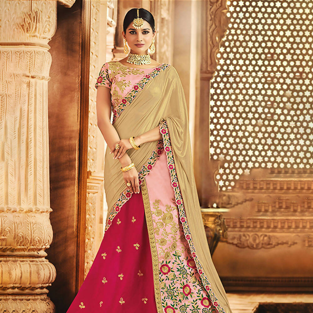 Pink Raw Silk Thread Zari And Sequins Embroidery Semi-Stitched Lehenga Saree - Mohmanthan Dezzy | Grocsy
