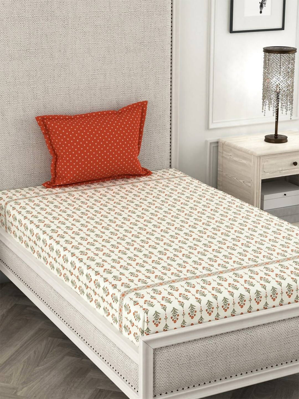 CHHAVI INDIA Cream-Coloured & Orange Floral Ultra Soft 210 TC Bedsheet with Pillow Covers | Grocsy