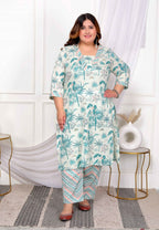 Miravan Women's Plus Size Cotton Light Green Scenic Birds And Leaf Floral Printed Straight Pakistani Style Kurta And Palazzo | Grocsy