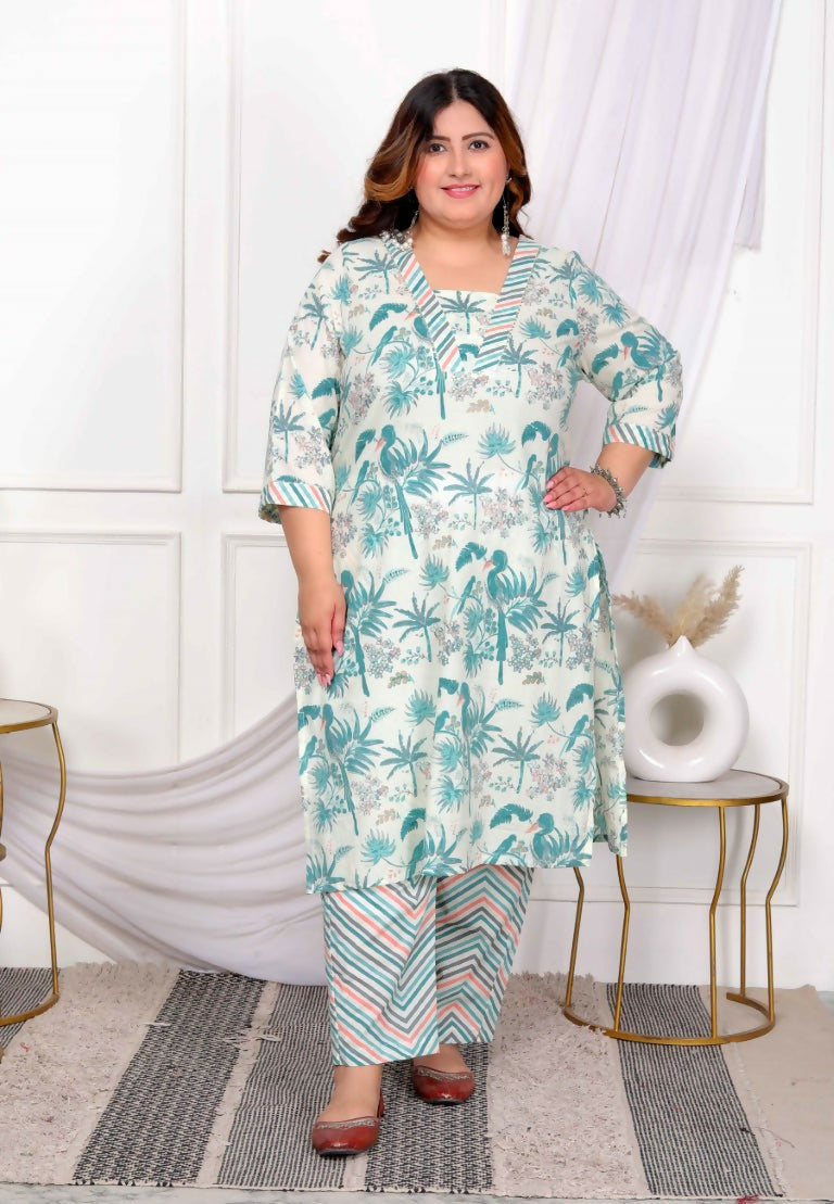 Miravan Women's Plus Size Cotton Light Green Scenic Birds And Leaf Floral Printed Straight Pakistani Style Kurta And Palazzo | Grocsy