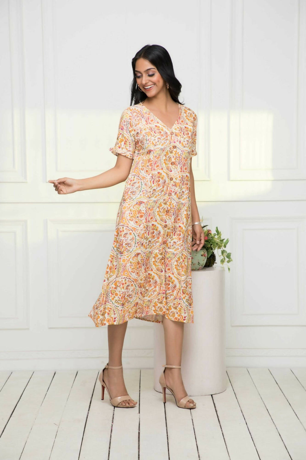 Myshka Women Multi-Abstract Rayon A-Line V-Neck Dress | Grocsy