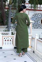 Miravan Women's Mehandi Pintucks Cotton Floral Straight Kurta and Palazzo | Grocsy