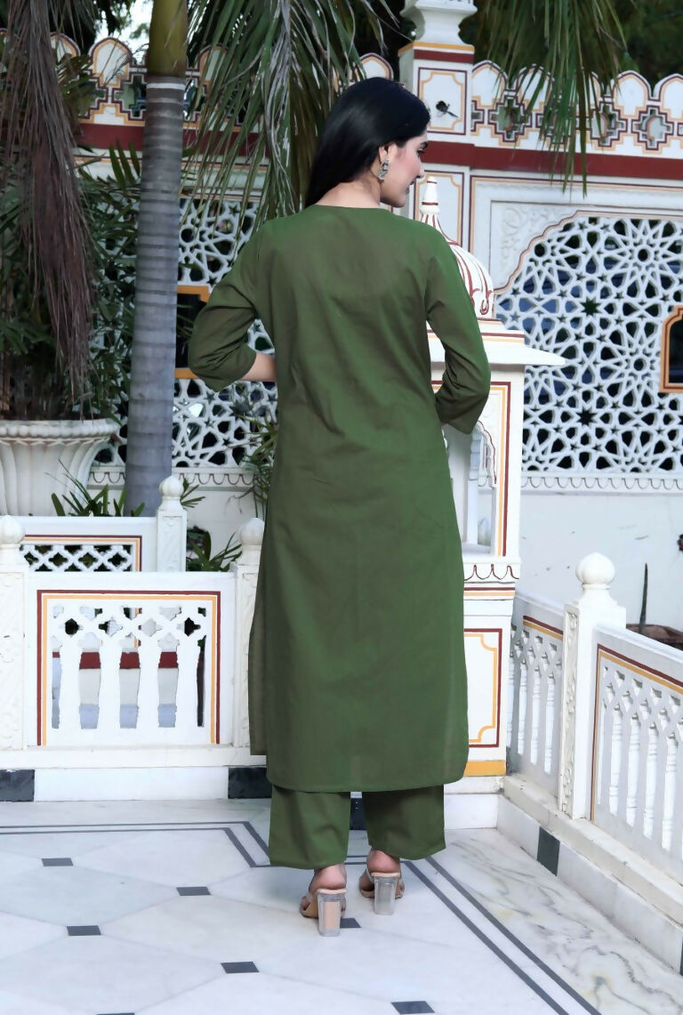 Miravan Women's Mehandi Pintucks Cotton Floral Straight Kurta and Palazzo | Grocsy