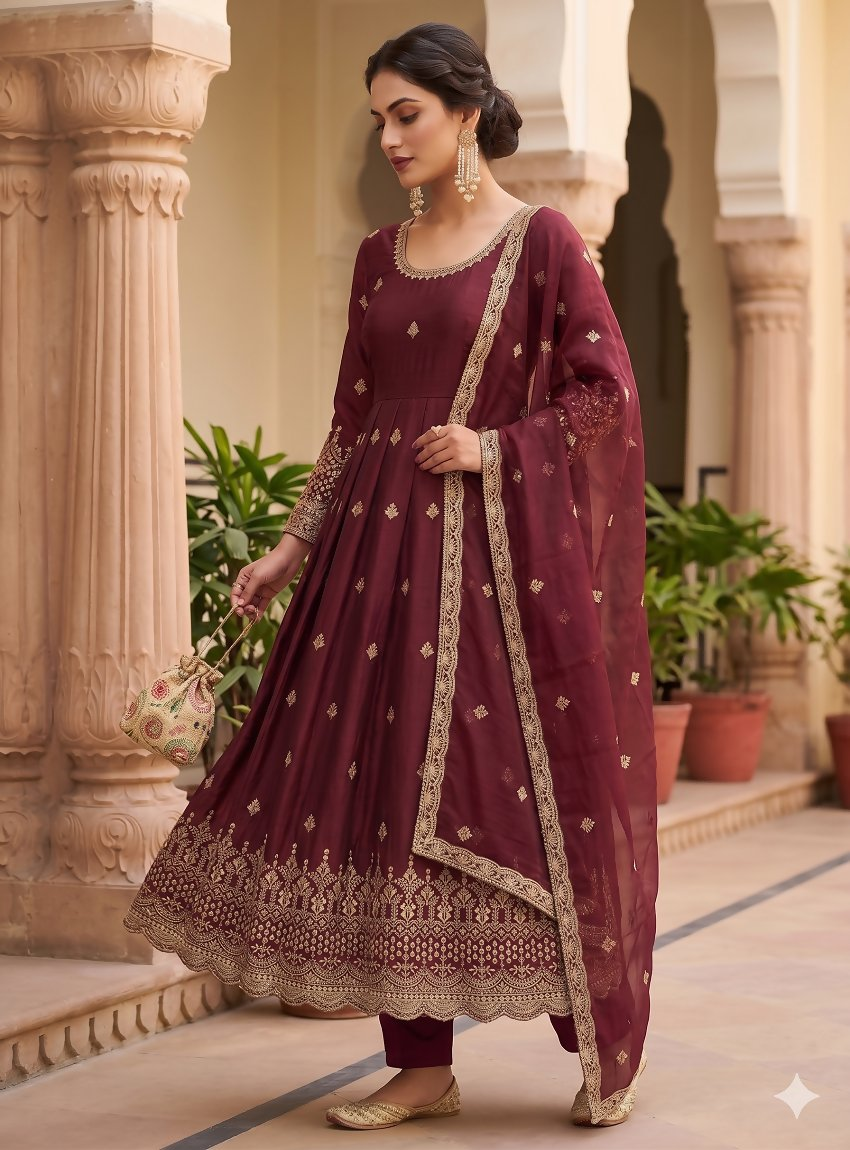 Teeya Creation Womens New Regal Maroon Embroidered Anarkali Gown Set | Grocsy