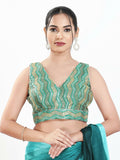 Joban Fashion Green Multi Silk Padded Blouse With V Neck Sleeveless | Grocsy