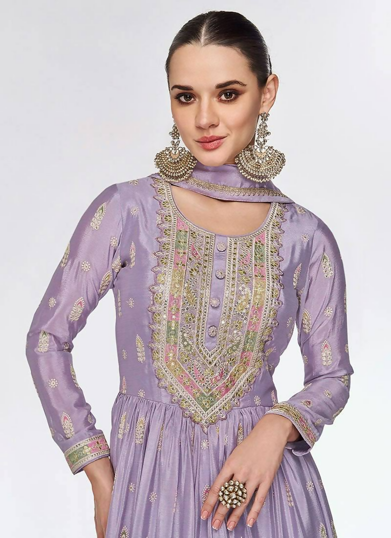Lorenvalley Fashion Lavender Chinon Embroidery With Sequince Work Gown Stitched | Grocsy