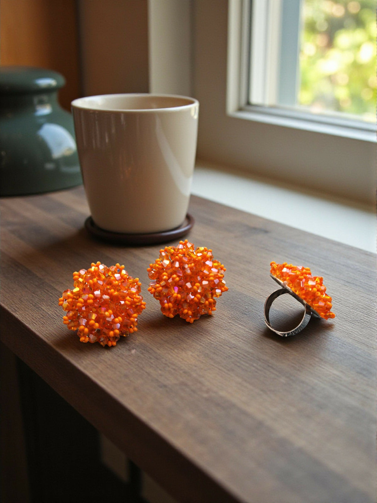 Inhanns Rangmani Crystal Duo – Adjustable Ring + Statement Earrings Set - Orange | Grocsy