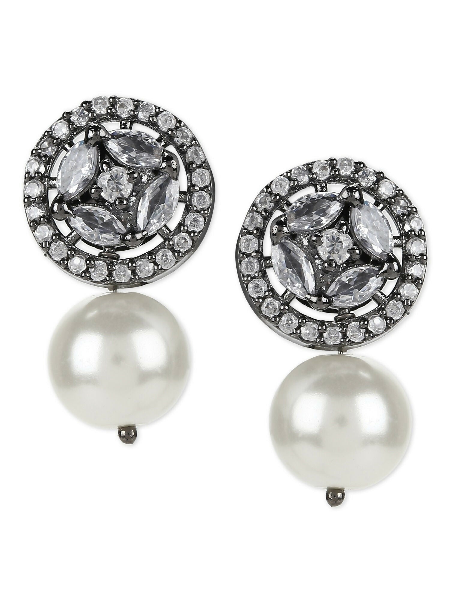Pearl Stone Earrings in Silver Tone- Ruby Raang