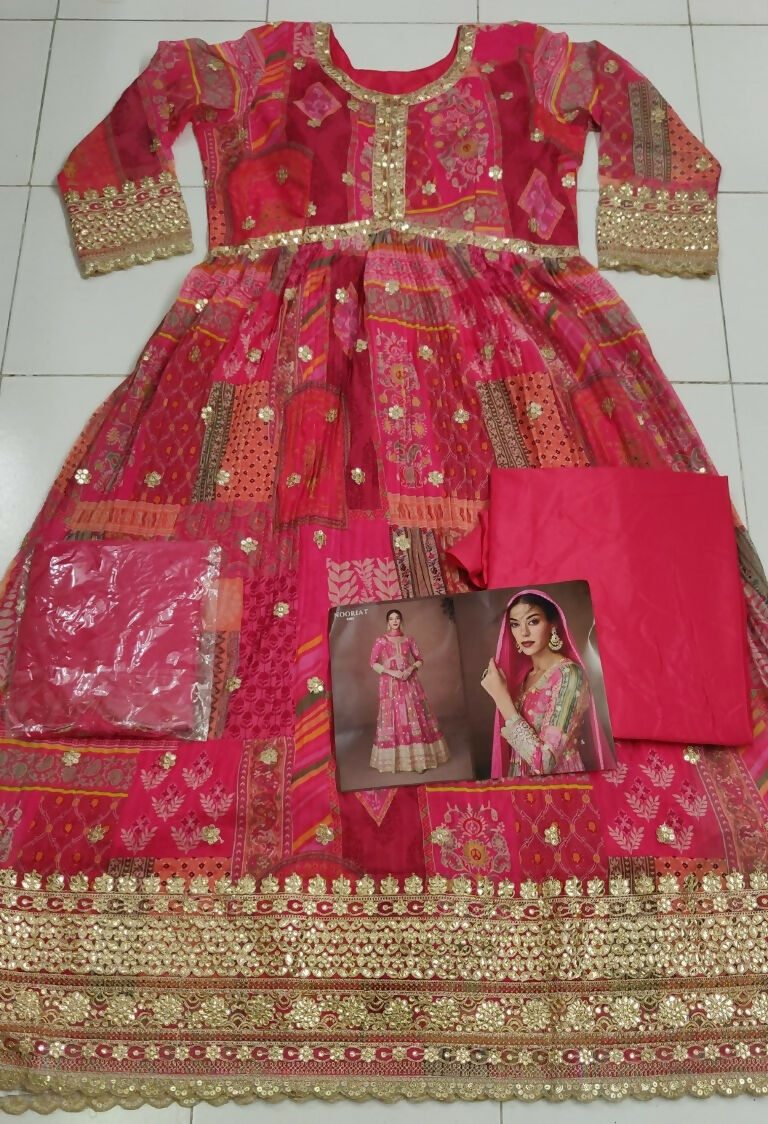 Vastranavya Pink Organza Silk Printed & Foil Mirror Work Anarkali Suit Set | Grocsy